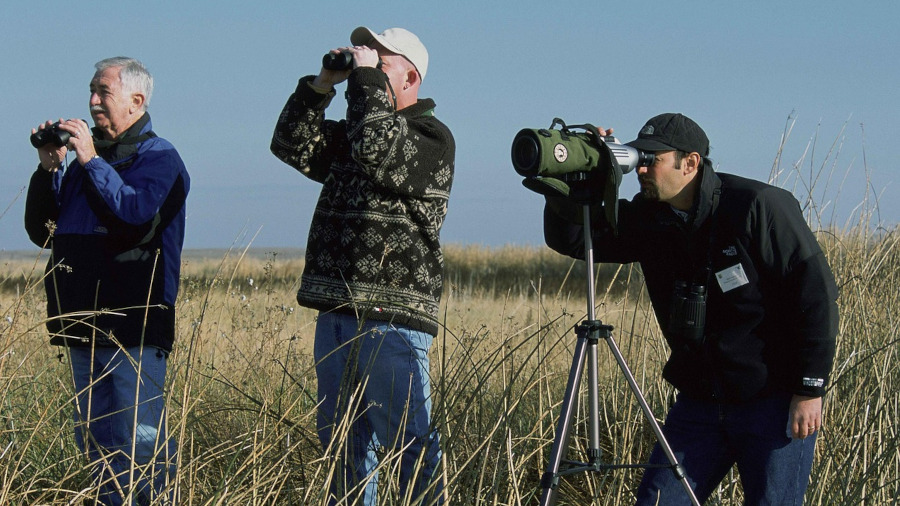 Three guys with binoculars and spotting scopes